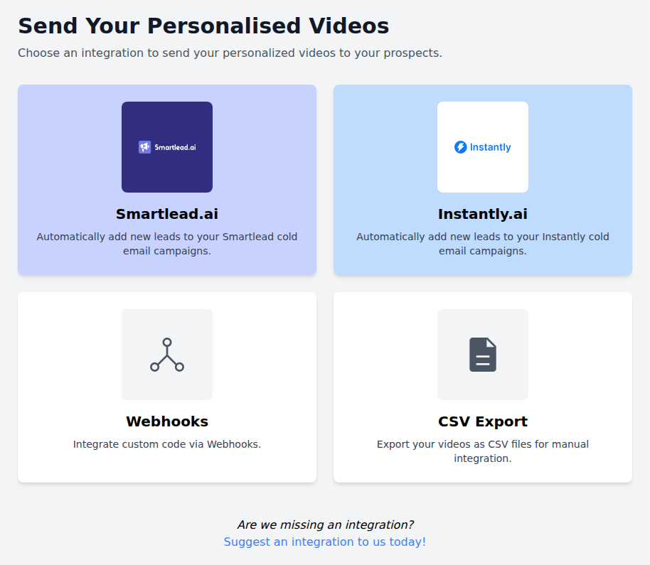 Pitchlane Send Videos handoff with Smartlead, Instantly, webhooks, and CSV export